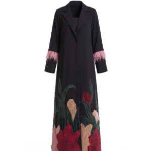 Ziba Abaya Indonesian Fabric with Floral Silk Hem Embroidery