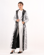Delara abaya with a fabric combination of leather and lace.