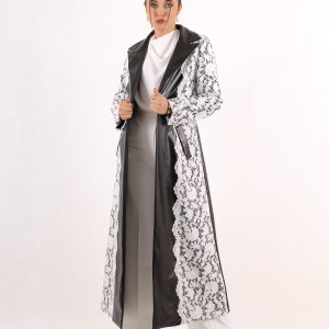 Delara abaya with a fabric combination of leather and lace.