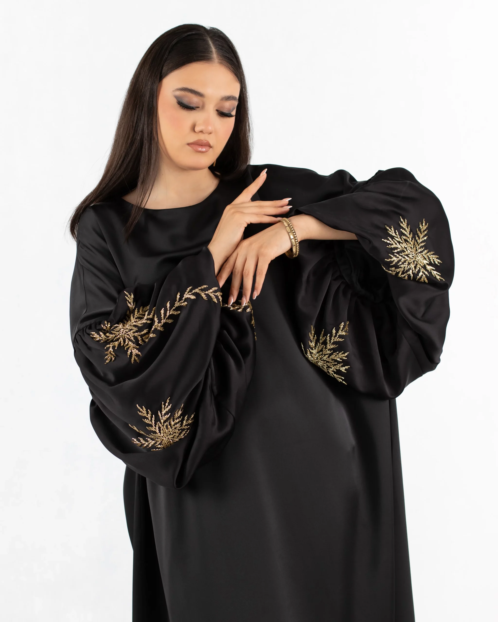 Nakhl Satin Abaya with Jewel Sleeves