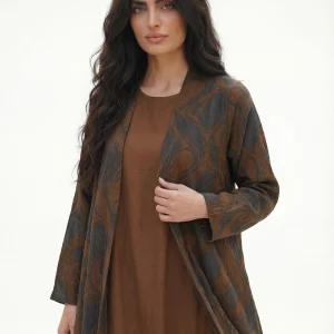 Viuna Cotton Jacquard Open-Front Brown Abaya