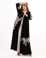 Hanin Abaya in Lame Cotton with Velvet Rose Floral Appliqué