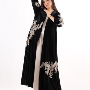 Hanin Abaya in Lame Cotton with Velvet Rose Floral Appliqué