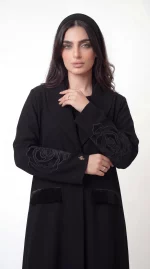 Hanin Abaya in Lame Cotton with Velvet Rose Floral Appliqué - Image 3
