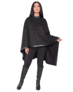Poncho Suede Winter Outerwear with Sleek Leather Edging - Image 2