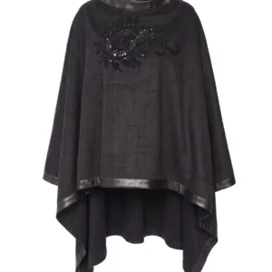 Poncho Suede Winter Outerwear with Sleek Leather Edging