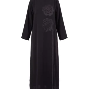 Norsa Formal Black Crepe Abaya with Satin Rose Appliques